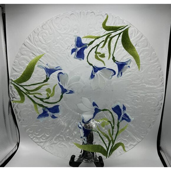 Platter Bowl Glass Japanese Iris Star Flowers Serving Dish Painted Scalloped 12" - Picture 2 of 10